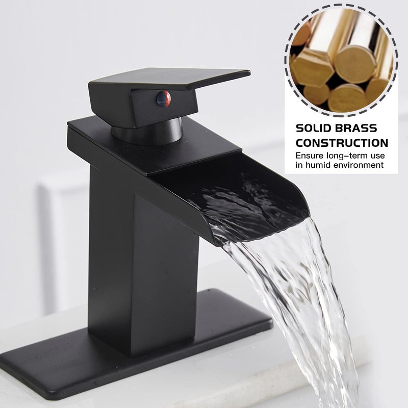 Homevacious Black Bathroom Faucet Waterfall Single Hole Bathroom Faucet with Pop Up Drain Assembly and Deck Plate Modern Single Handle Vanity Faucets Basin Lavatory RV Mixer Tap Commercial - Image 2